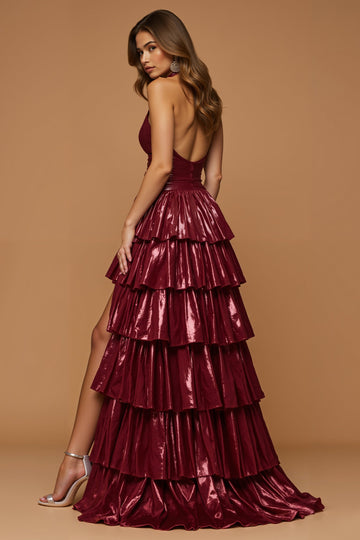 Sparkly Burgundy Metallic Halter Tiered Ruffled Long Holiday Party Dress With Slit
